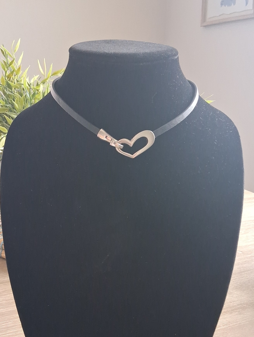 Heart Accent Black Leather Choker Necklace